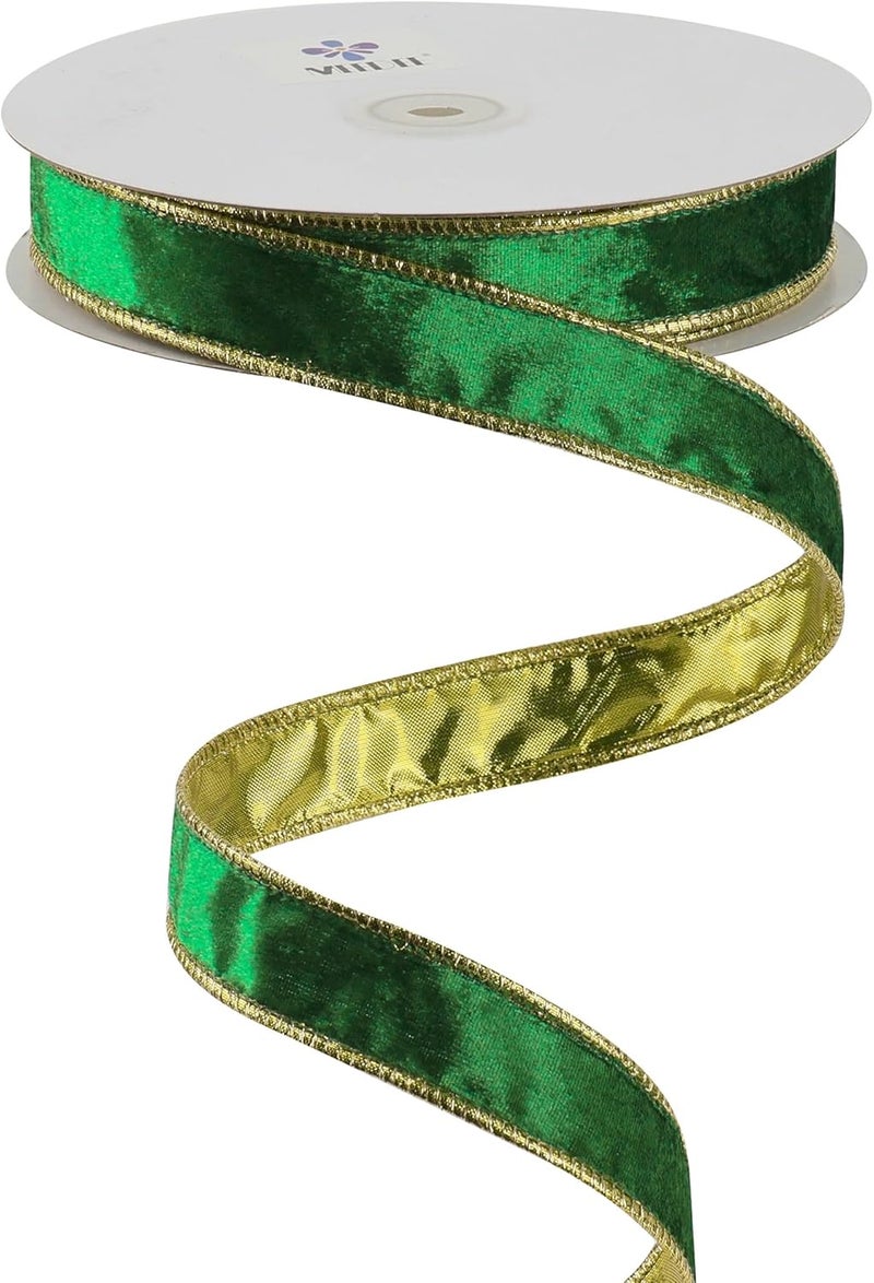 Meedee Crushed Green Velvet Ribbon with Gold Back 1 Inch Double Sided Christmas Wired Ribbon 25 Yards, Perfect for Christmas Tree Decorations, Wreath Supplies, Crafts Bow Making - Image 1